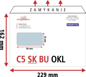 Koperty C5 z nadrukiem z okienkiem lewym | Długi bok | Samoklejące | Białe | 80 g/m2