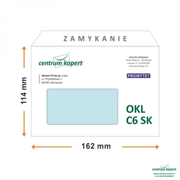 Koperty C6 z okienkiem lewym z nadrukiem | Długi bok | Samoklejące | Białe | 75 g/m2