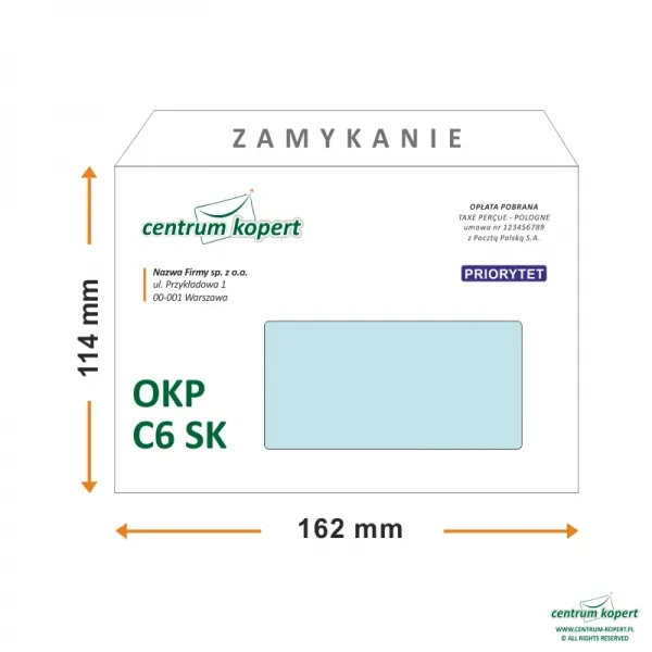 Koperty C6 z okienkiem prawym z nadrukiem | Długi bok | Samoklejące | Białe | 75 g/m2