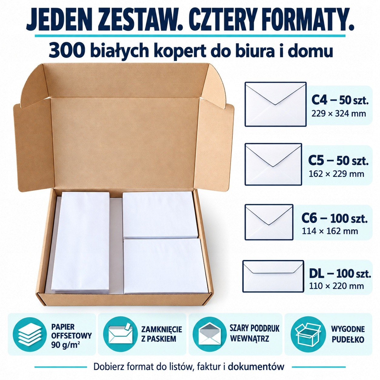 Zestaw białych kopert C4, C5, C6 i DL HK 90 g/m² w pudełku - 300 szt.